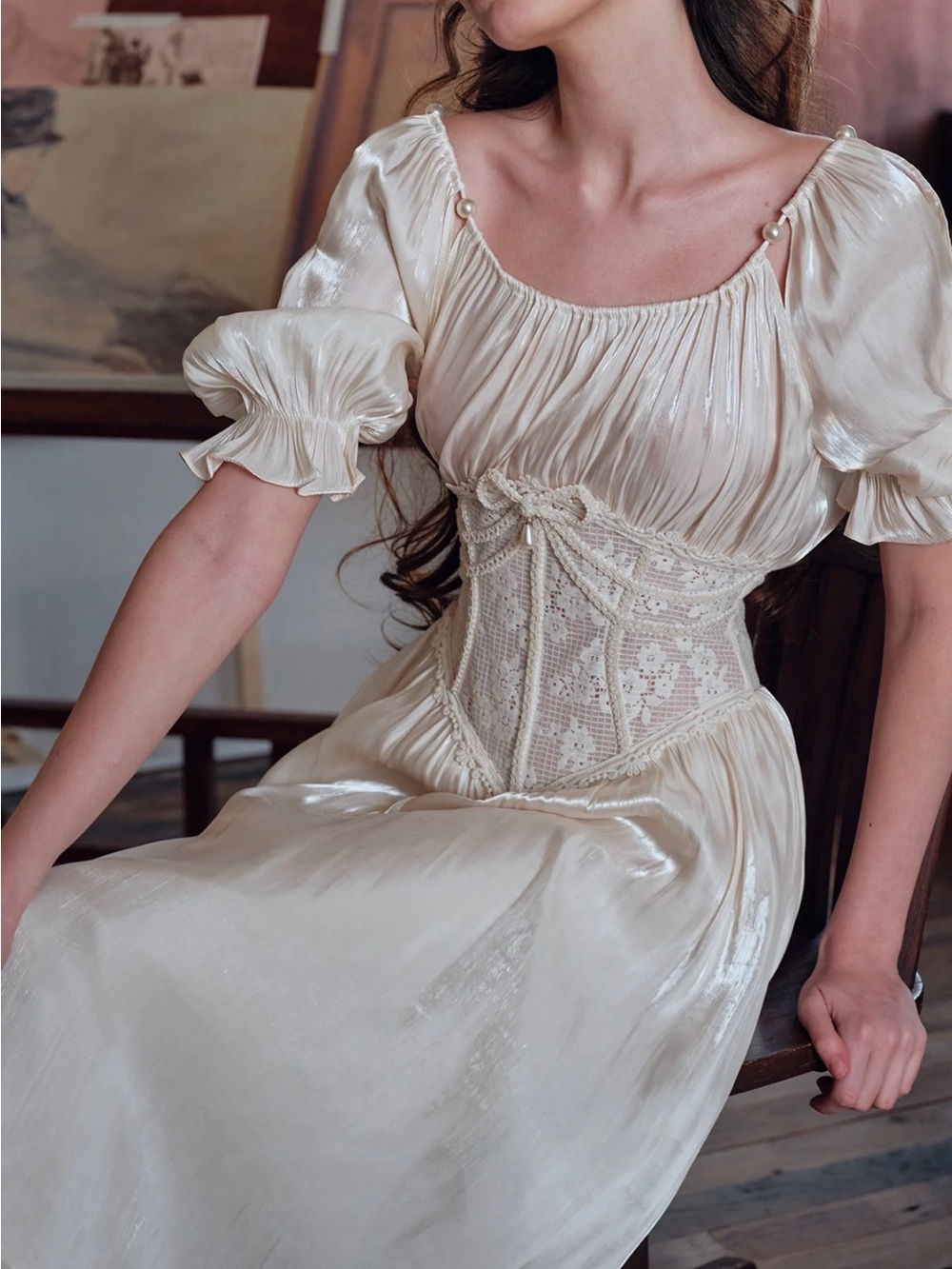 Elegant Ivory Satin Corset Midi Dress with Puff Sleeves - Picture 4 of 9